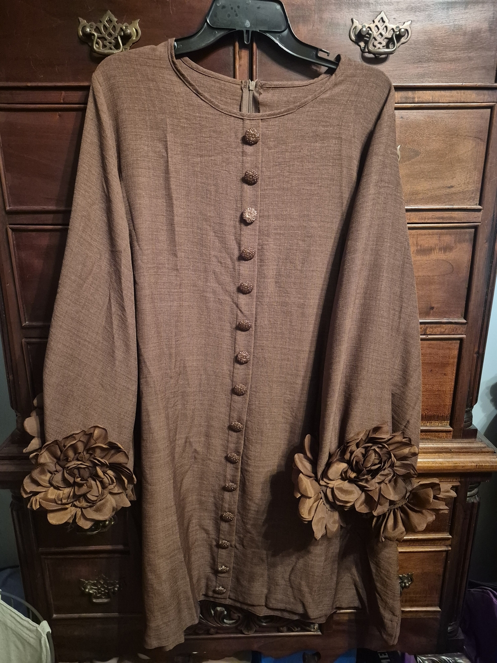Women’s Brown Long Sleeve Button Front Tunic with Floral Cuffs
